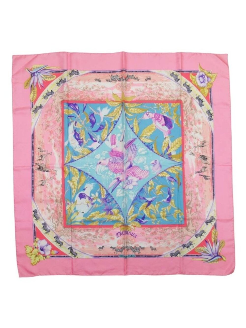Hermes Tropiques Carre 90 Large Scarf Tropical Animal Silk Twill Shawl Pink